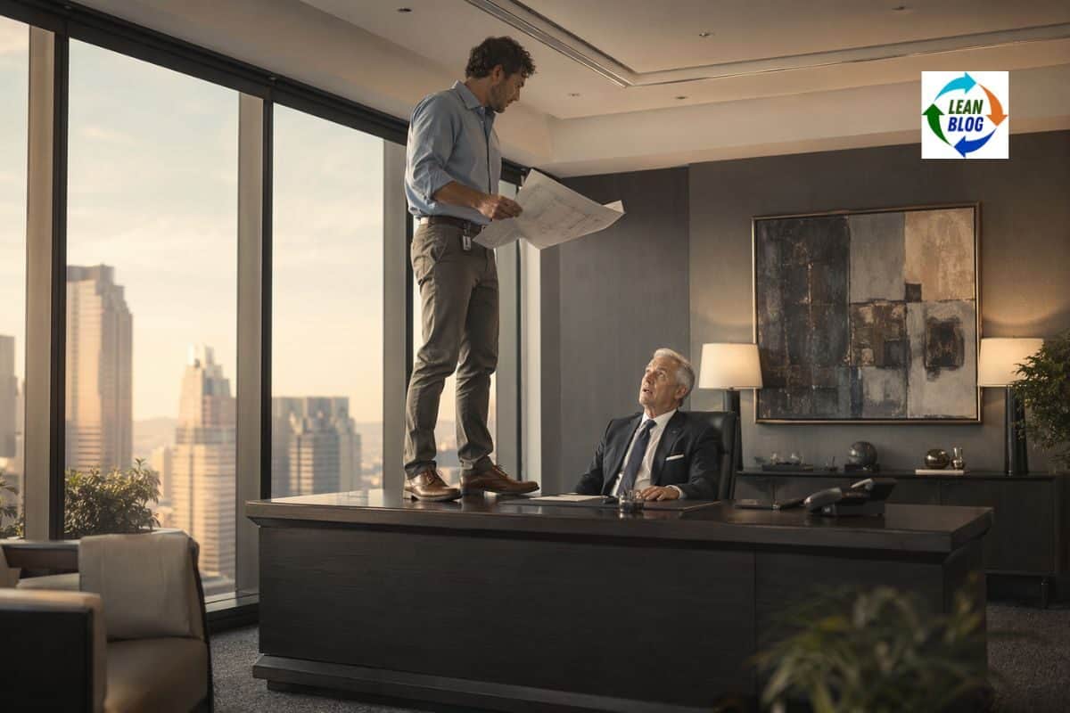 Engineer in business casual standing on top of a CEO's desk holding a blueprint, looking down at a seated executive in a dark suit who looks up at him from his leather chair in a high-rise corner office