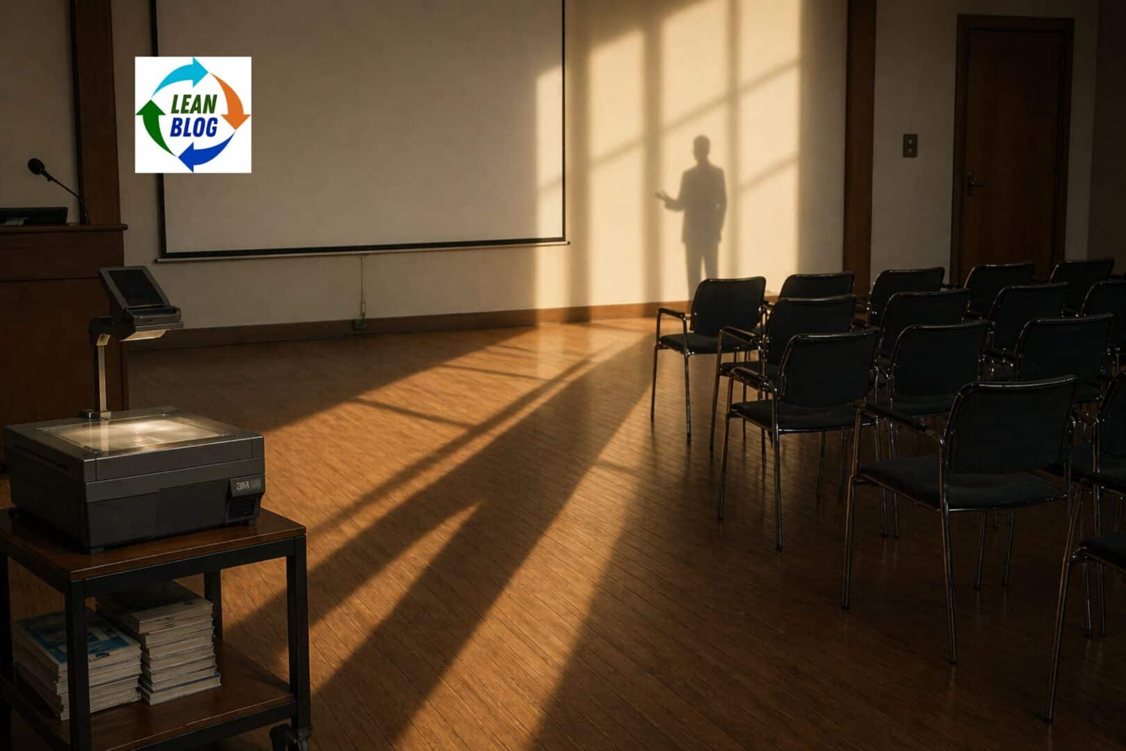 A long shadow stretches across an empty conference room, evoking the lasting influence of Dr. W. Edwards Deming's teaching.