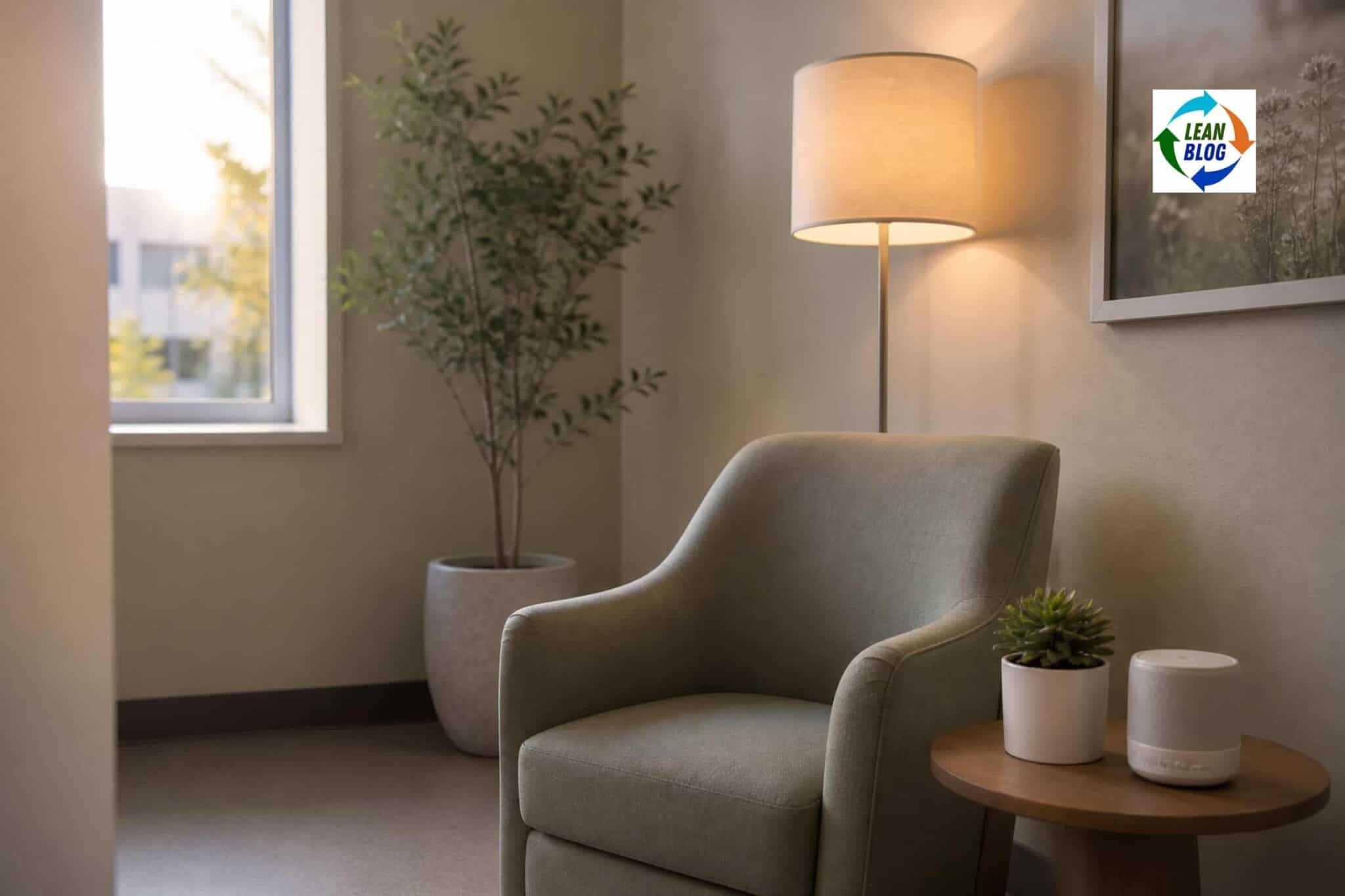 Empty hospital wellness room with armchair, succulent, and noise machine — designed but unused
