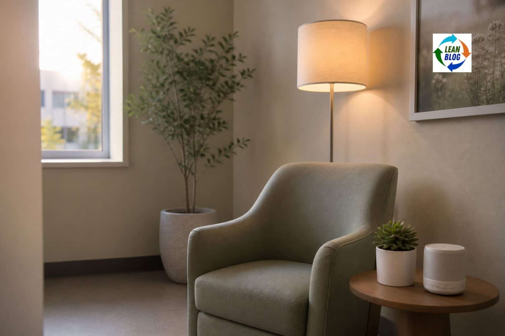 Empty hospital wellness room with armchair, succulent, and noise machine — designed but unused