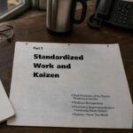 A worn photocopied training page titled “Standardized Work and Kaizen” lies on a production manager’s desk near a factory window. Around it are safety glasses, a notebook with handwritten shift notes, a pen, a travel mug, a desk phone, a walkie-talkie, and a clipboard with a daily production chart.