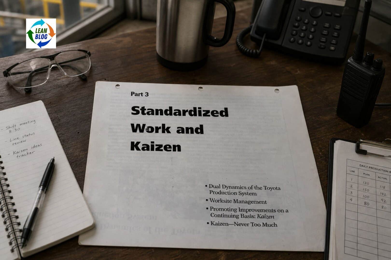 A worn photocopied training page titled “Standardized Work and Kaizen” lies on a production manager’s desk near a factory window. Around it are safety glasses, a notebook with handwritten shift notes, a pen, a travel mug, a desk phone, a walkie-talkie, and a clipboard with a daily production chart.