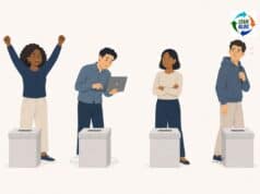 Beyond Cheerleaders and Doomers: A Poll on AI in Lean Work Four small figures in a row, each at a ballot box: one cheering with arms raised, one curious with a laptop, one skeptical with arms crossed, one worried glancing over a shoulder.