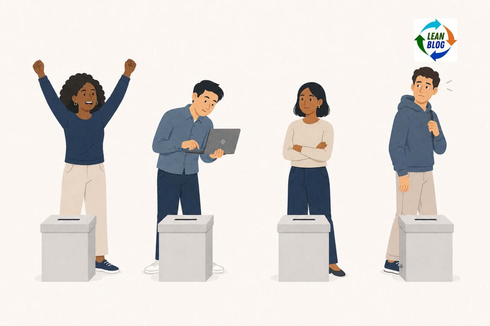 Four small figures in a row, each at a ballot box: one cheering with arms raised, one curious with a laptop, one skeptical with arms crossed, one worried glancing over a shoulder.