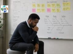What Do You Know? And How Do You Know It? Man seated in Rodin Thinker pose in front of a whiteboard covered with A3 problem solving, fishbone diagram, and sticky notes.
