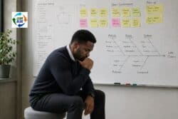 Man seated in Rodin Thinker pose in front of a whiteboard covered with A3 problem solving, fishbone diagram, and sticky notes.