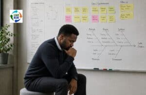 What Do You Know? And How Do You Know It? Man seated in Rodin Thinker pose in front of a whiteboard covered with A3 problem solving, fishbone diagram, and sticky notes.