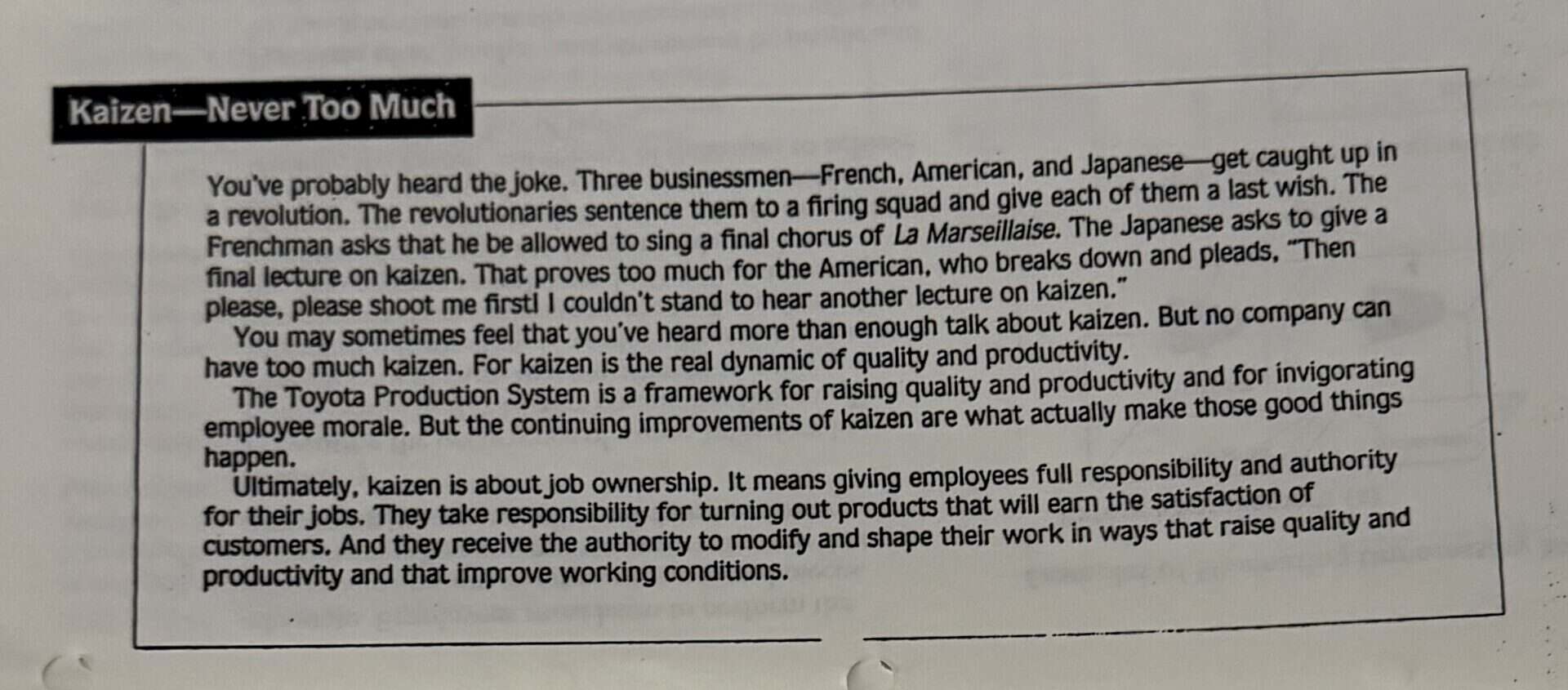 Page from a 1992 Toyota booklet titled Kaizen, Never Too Much, with a joke about a final lecture on kaizen and a passage on job ownership.
