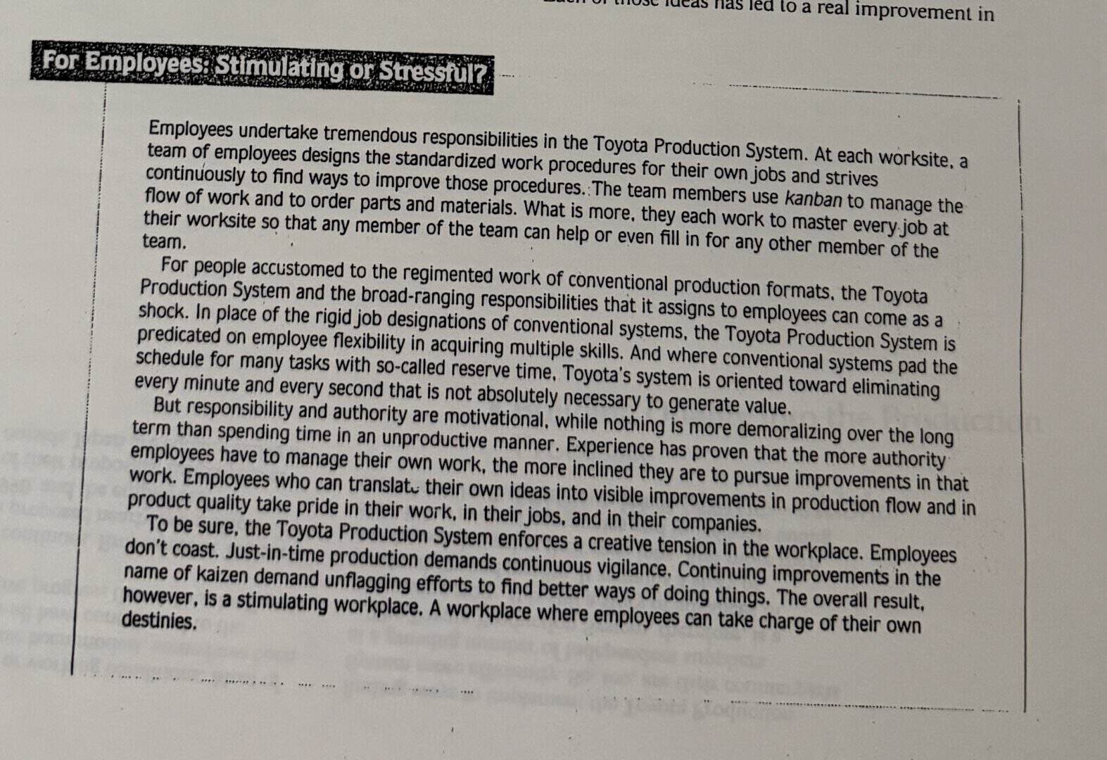 Page from a 1992 Toyota booklet titled For Employees, Stimulating or Stressful, describing tremendous responsibilities and creative tension in the workplace.