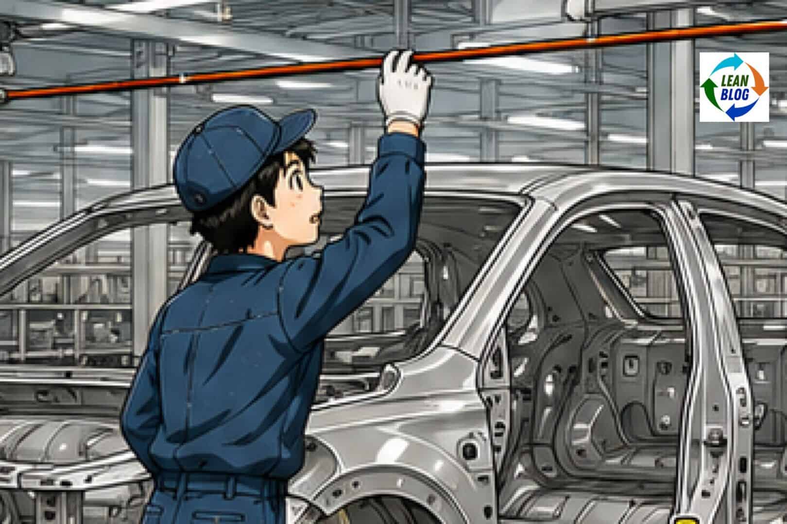 cartoon illustration of a team member pulling an andon cord