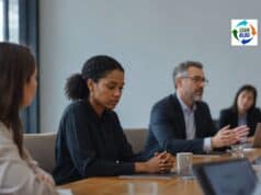 Four Recent Episodes on Why People Stay Silent — and What It Costs A quiet office meeting in a modern conference room, with one woman in sharp focus looking down with folded hands while colleagues around her continue the discussion in soft blur.