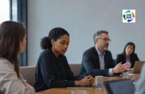 Four Recent Episodes on Why People Stay Silent — and What It Costs A quiet office meeting in a modern conference room, with one woman in sharp focus looking down with folded hands while colleagues around her continue the discussion in soft blur.