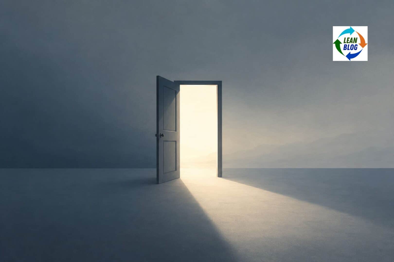 A single open door stands alone in a wide, empty slate-blue space, with warm light spilling through the doorway and casting a long beam across the floor.