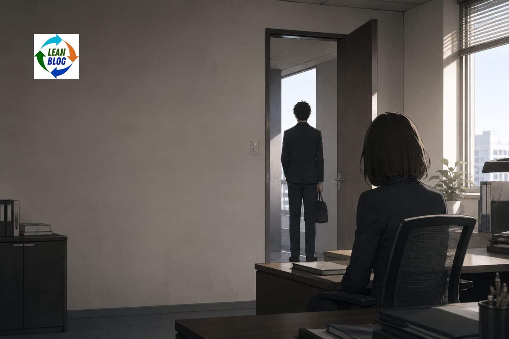 A person stands in an office doorway facing a seated leader, the moment a problem gets delivered
