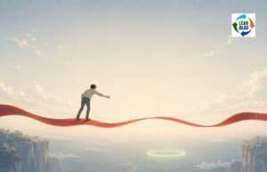 Even in Japan: A Target of Zero and a Process That Lives Near Seven Percent Manga- and anime-influenced editorial illustration in a wide horizontal format. A small lone figure, seen from behind in plain clothes, stands on a glowing crimson ribbon that stretches horizontally across the frame like a floating path. The ribbon gently rises and falls but stays level. The person leans forward with one arm extended, reaching toward a soft sage-green glowing ring far below and ahead across a wide empty gap. Pale cliffs frame the distant lower edges, while most of the image is filled with a vast cream-to-blue sky with thin clouds and ample negative space. The mood is quiet, reflective, and slightly wistful.