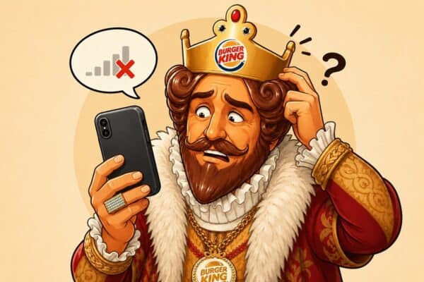 Cartoon illustration of a royal Burger King-style mascot holding up the back of a smartphone while looking confused and frustrated, with a no-signal icon in a speech bubble and a question mark beside him.
