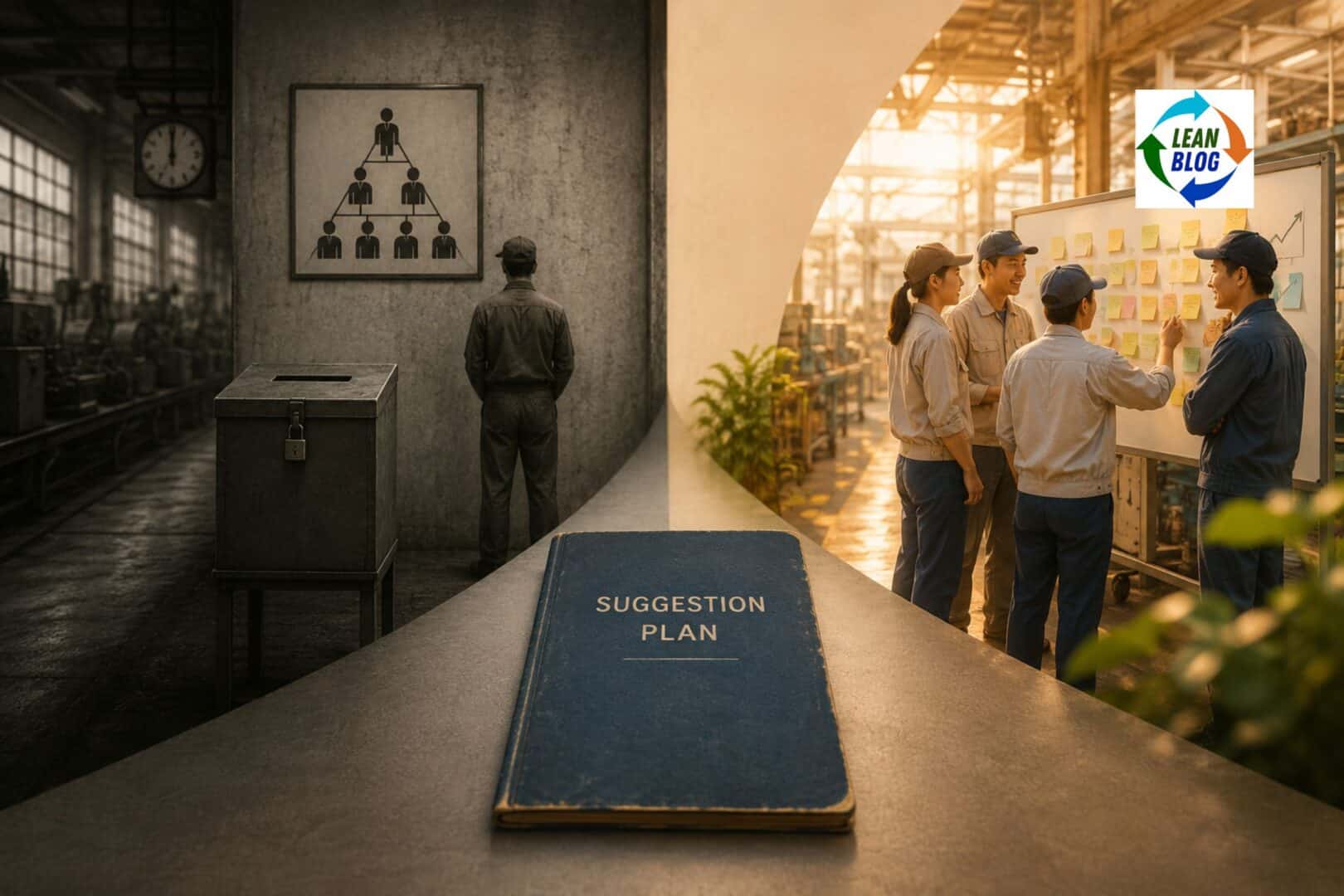 A vintage “Suggestion Plan” booklet sits between a dark, top-down factory culture and a bright, collaborative improvement team, illustrating how the same formal system can produce very different results.
