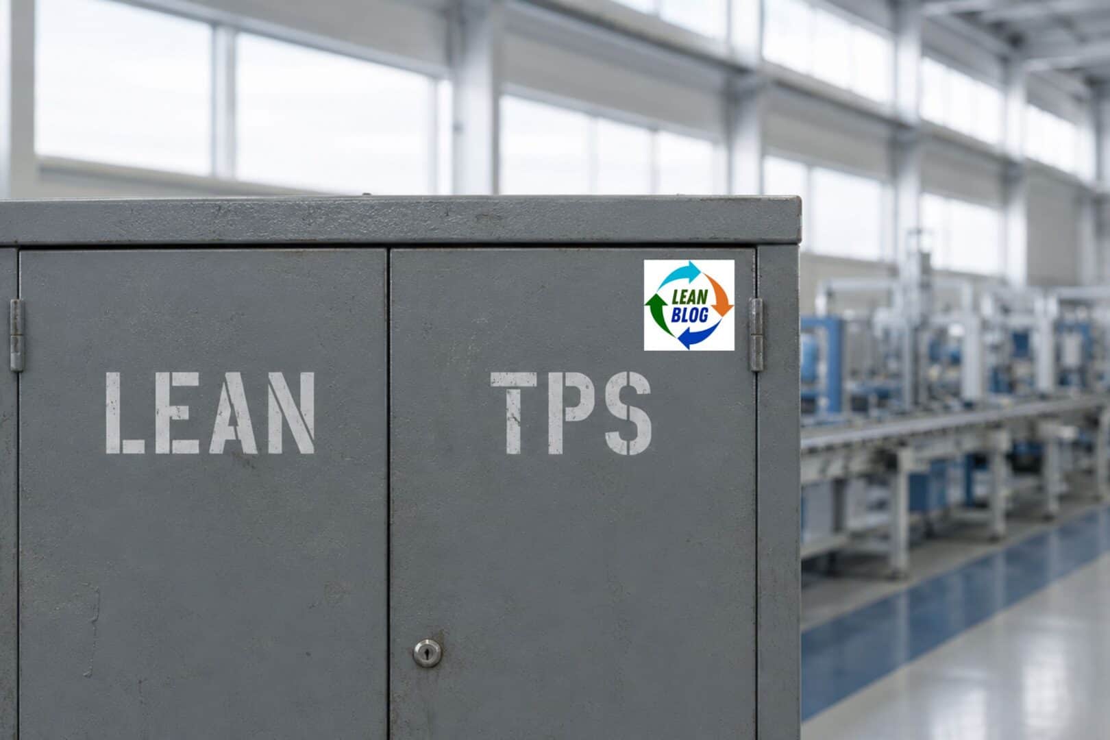Factory equipment cabinet stenciled with two identical labels reading LEAN and TPS