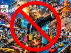 The Taiichi Ohno 1981 Story Keeps Getting Reposted. It Can’t Be True. A chaotic, oversaturated AI-generated factory scene featuring robots, conveyor belts, gears, cars, cherry blossoms, Mount Fuji, a giant stopwatch, and a stern older Japanese man pointing, all covered by a large red prohibition symbol.