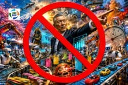 A chaotic, oversaturated AI-generated factory scene featuring robots, conveyor belts, gears, cars, cherry blossoms, Mount Fuji, a giant stopwatch, and a stern older Japanese man pointing, all covered by a large red prohibition symbol.