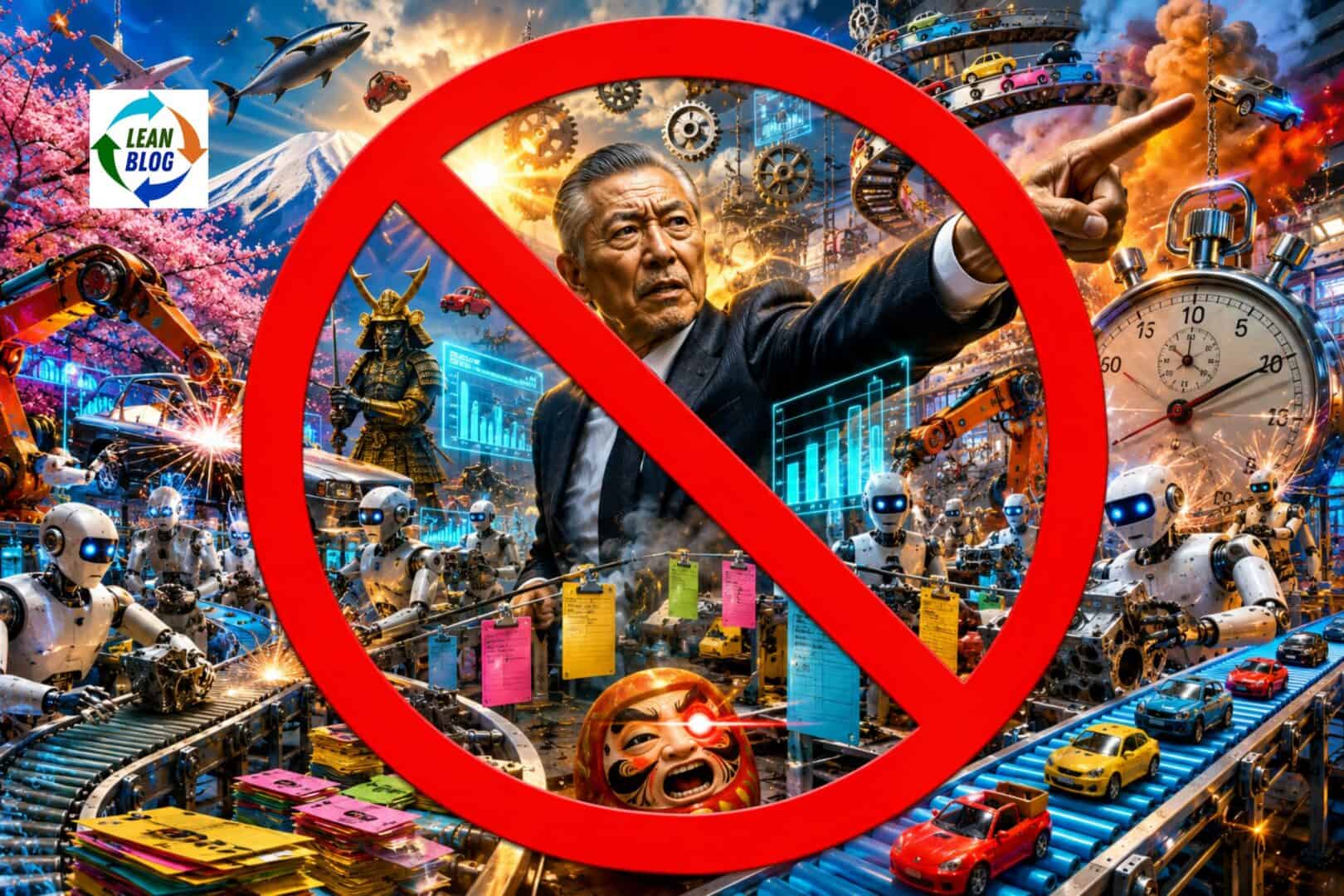 A chaotic, oversaturated AI-generated factory scene featuring robots, conveyor belts, gears, cars, cherry blossoms, Mount Fuji, a giant stopwatch, and a stern older Japanese man pointing, all covered by a large red prohibition symbol.