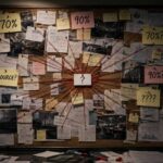 Corkboard covered in pinned papers and red yarn, every strand converging on one small index card at the center