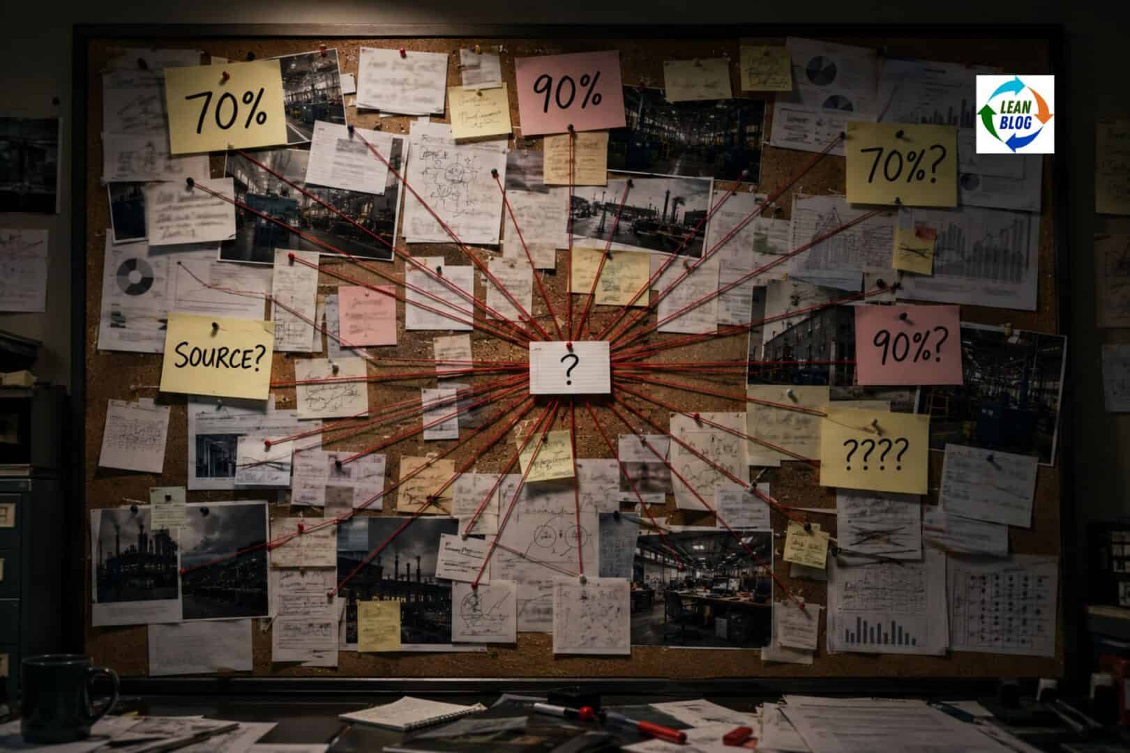 Corkboard covered in pinned papers and red yarn, every strand converging on one small index card at the center