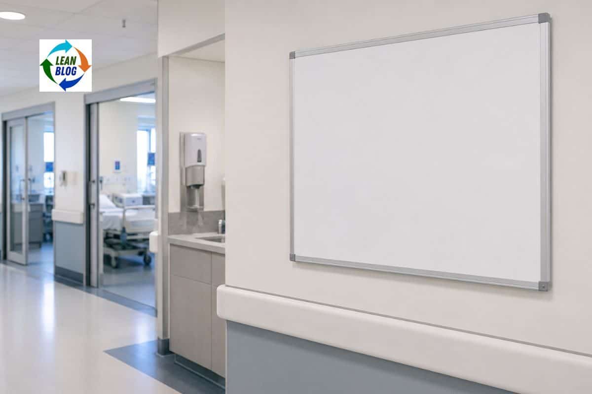 Bulletin board with headers Patient Safety, Quality, Patient Satisfaction, Financial Stewardship and no metrics posted.