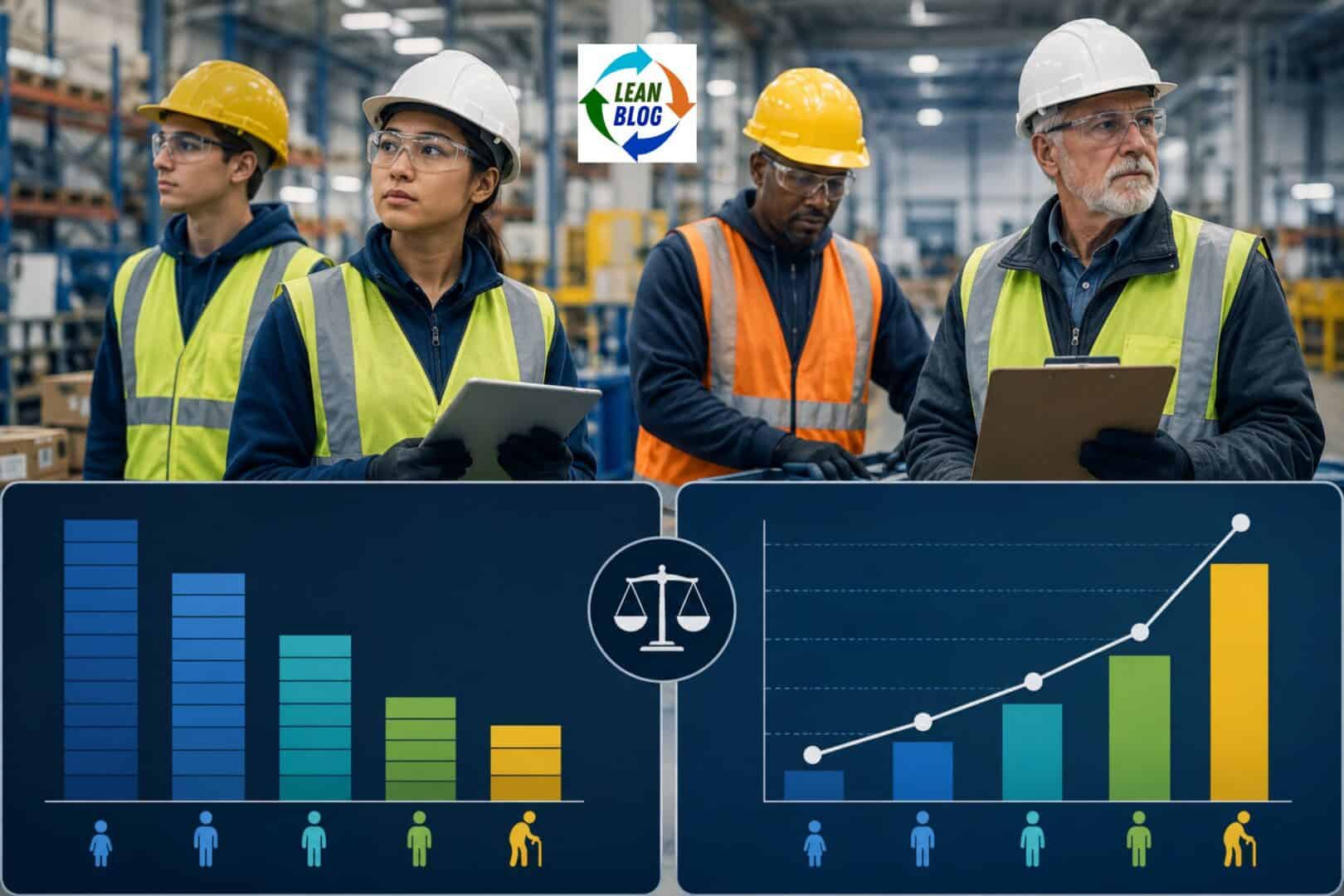 Composite blog cover image showing four factory workers of different ages in safety gear standing in an industrial workplace, above two side-by-side charts comparing workplace fatality counts and rates by age; the left chart suggests higher total deaths in middle age groups, while the right chart shows fatality rates rising sharply for older workers.