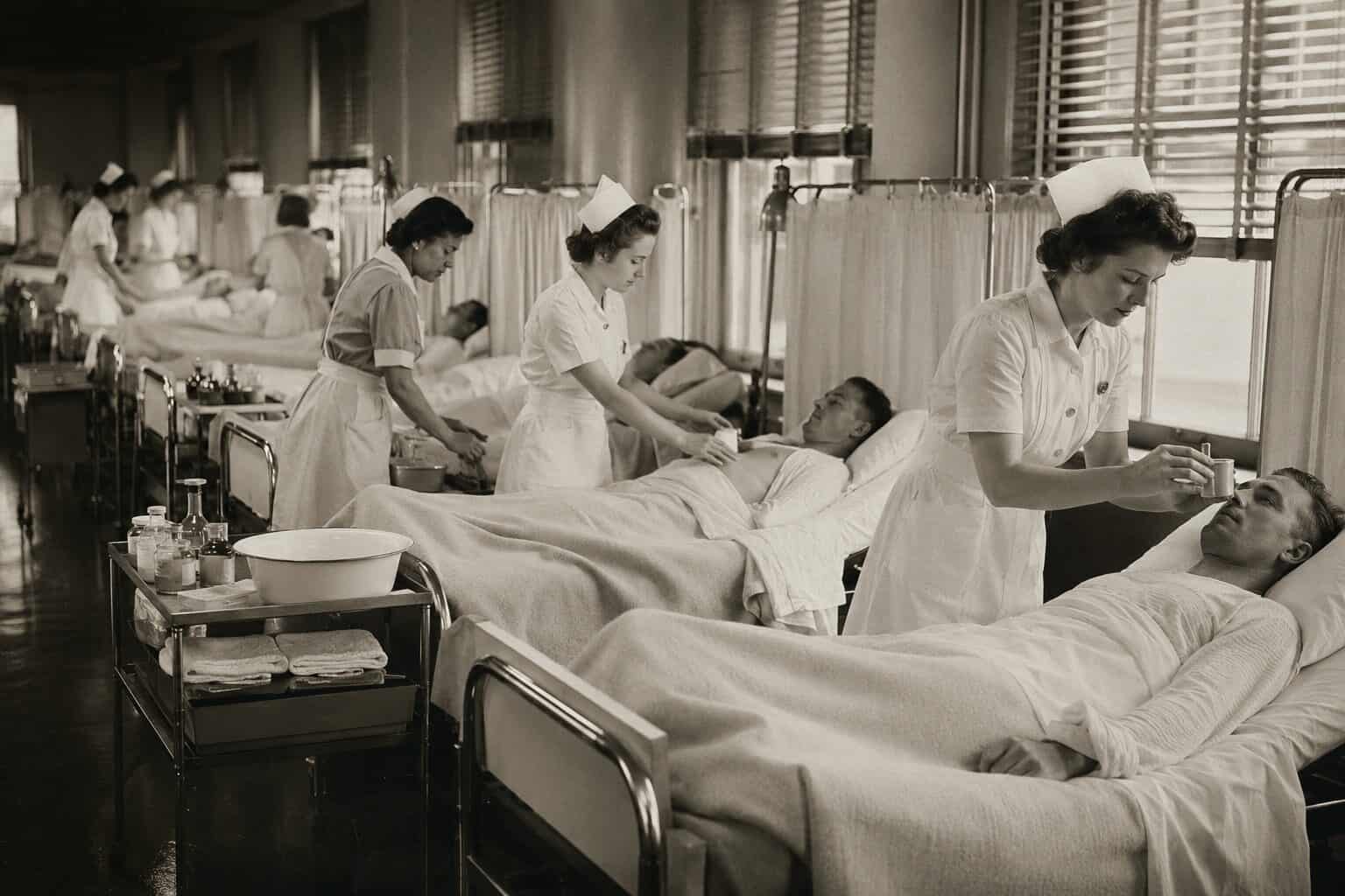 Historical black-and-white image of nurses and aides performing separate tasks for patients in a crowded hospital ward, illustrating functional or assembly-line nursing.