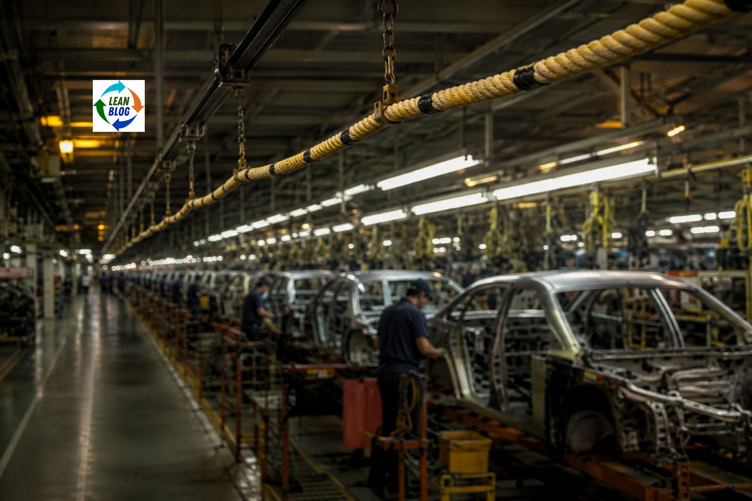 Alt text: A yellow pull cord hangs untouched above an automotive assembly line while workers continue building vehicles in the background.