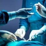 Medical personnel in blue scrubs and gloves performing surgery, passing a surgical instrument in a sterile environment
