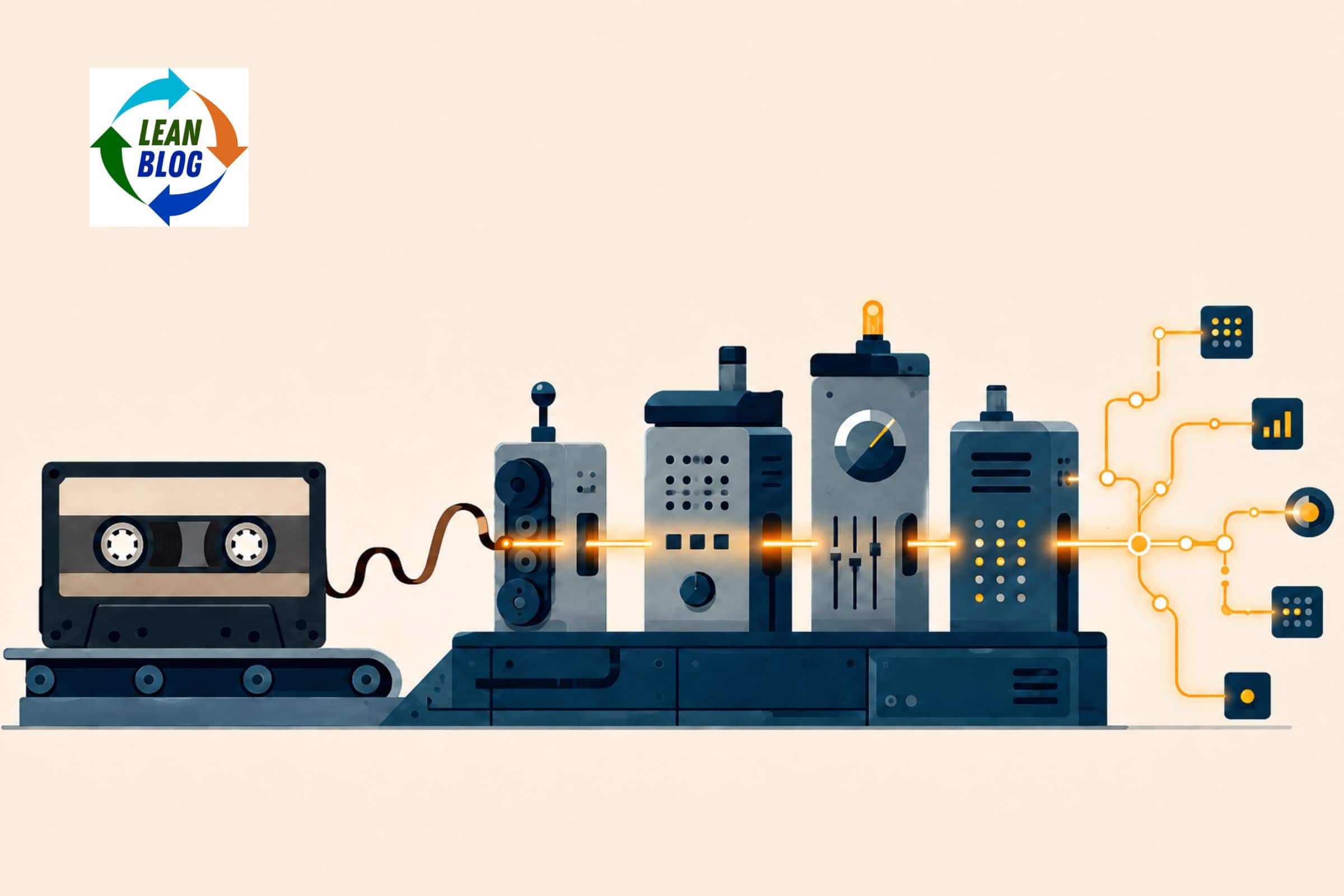 Illustration of a cassette tape whose tape unspools into a line of light running along an abstract production line and branching into connected nodes.
