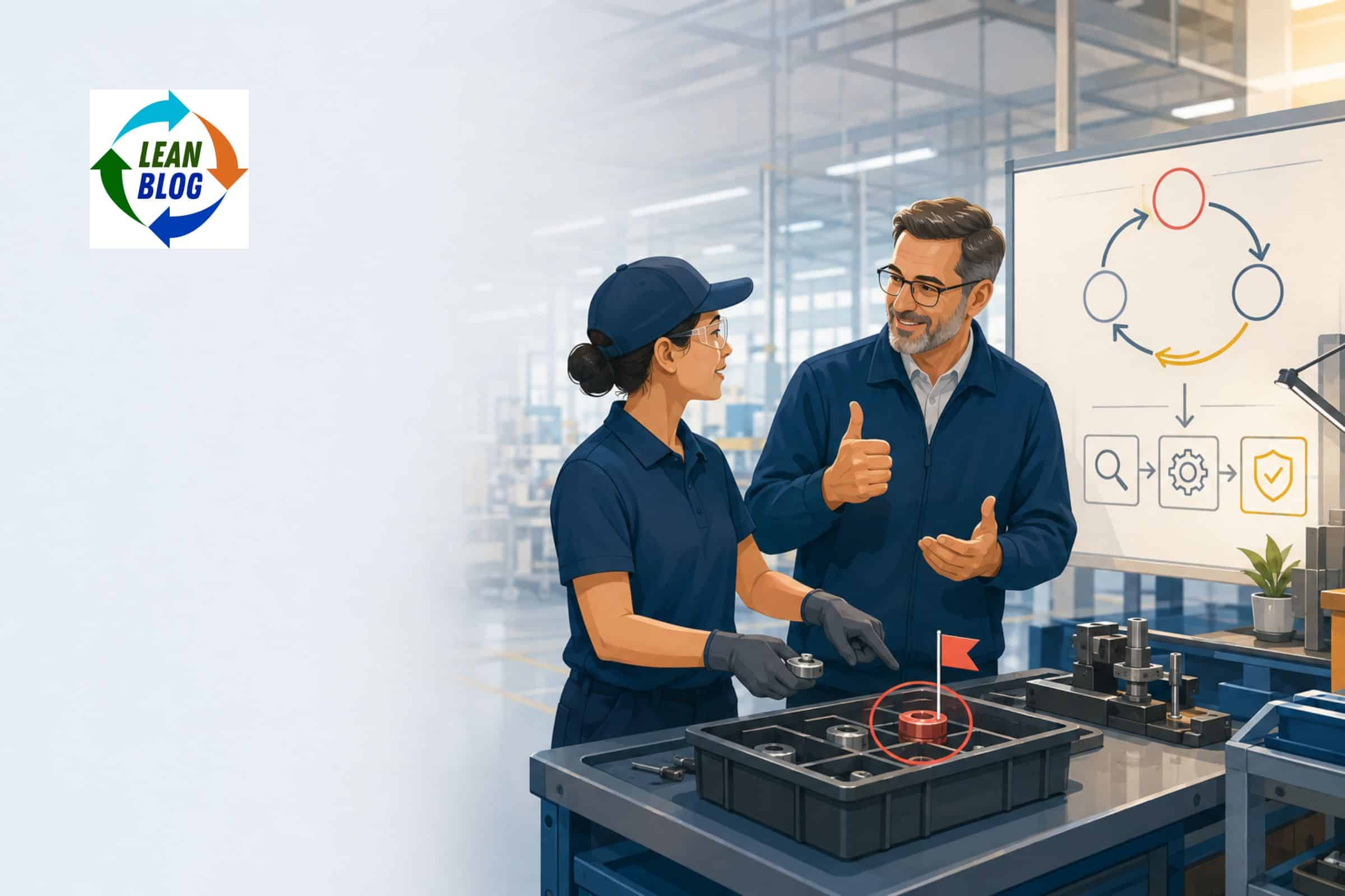 Factory worker and manager discussing a flagged production problem, with the manager giving a thumbs-up beside a visual problem-solving board.