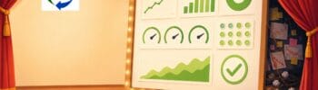 Illustration of “success theater”: a glowing metrics board full of green charts and positive indicators sits on a stage framed by red velvet curtains, while behind one curtain, hidden red charts and messy notes reveal operational problems out of view.
