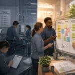 Split factory scene contrasting top-down Lean compliance—checklists, rigid instructions, and disengaged workers—with a collaborative team using a visual improvement board to test ideas, learn, and improve together.