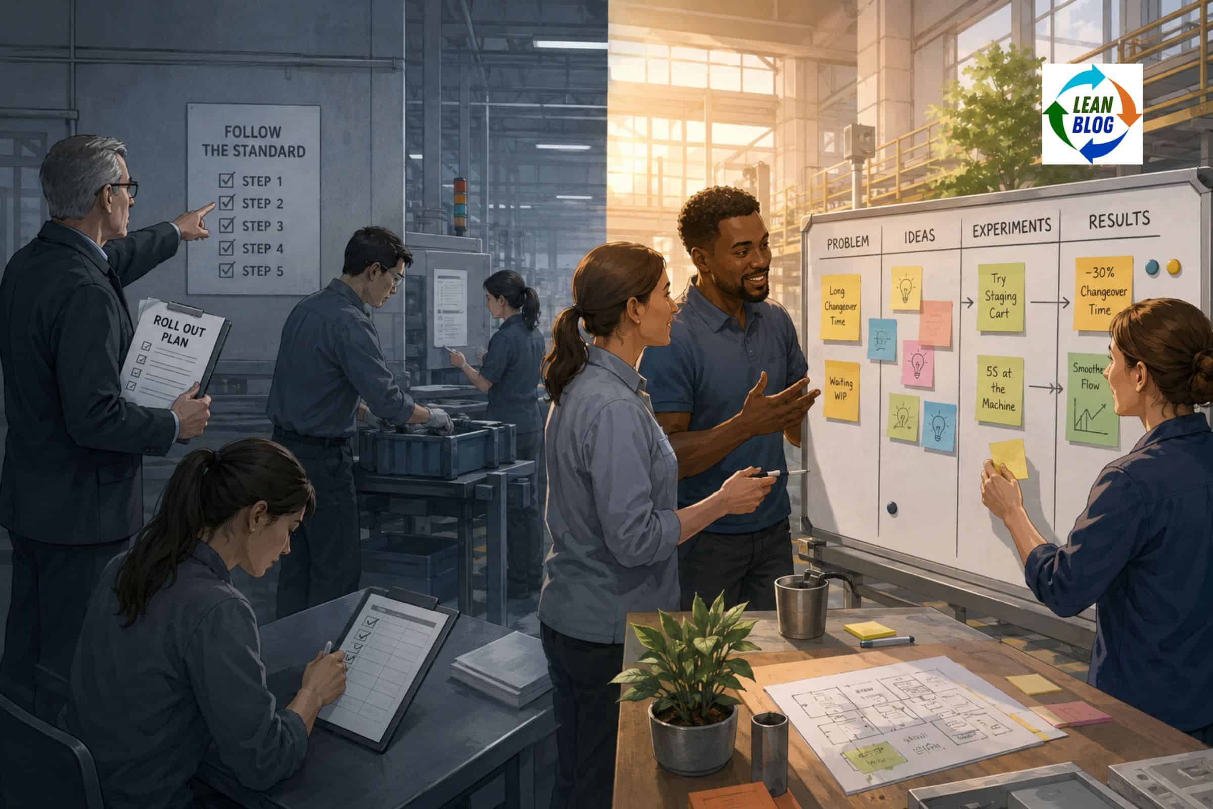 Split factory scene contrasting top-down Lean compliance—checklists, rigid instructions, and disengaged workers—with a collaborative team using a visual improvement board to test ideas, learn, and improve together.