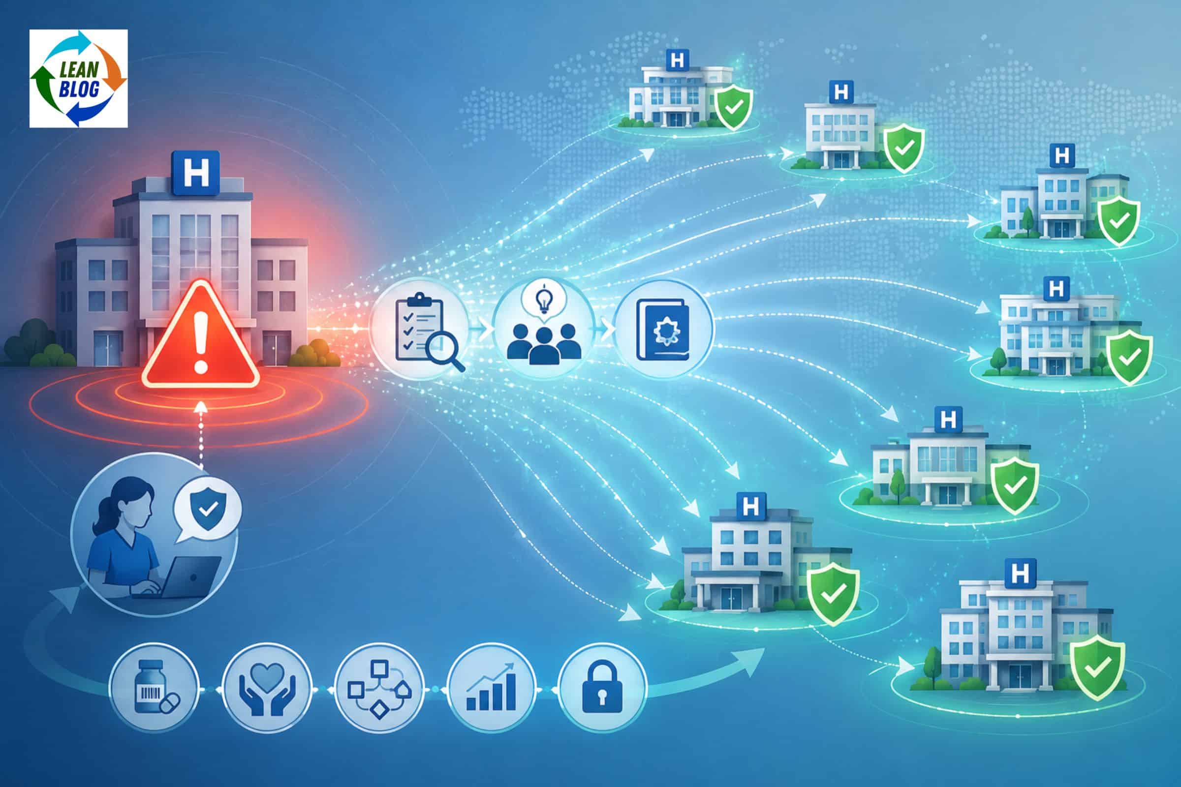 Conceptual illustration of one hospital reporting a safety incident, with the warning transformed into shared learning that spreads through connected pathways to multiple hospitals, each shown with safety shields and improvement symbols.