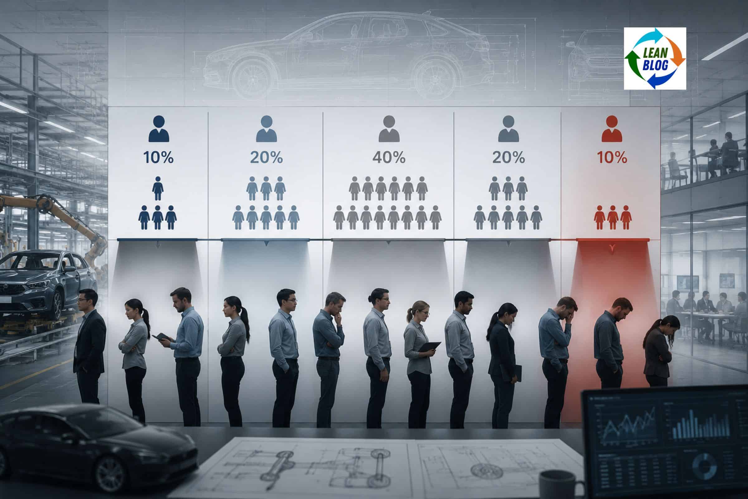Conceptual illustration of automotive engineers being sorted into fixed performance-ranking categories, with the lowest-ranked group highlighted in red against a factory and vehicle-design backdrop.