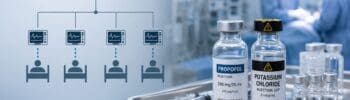 Conceptual hospital scene showing one medication source connected to four patient beds, with two similar clear vials on an operating-room tray—one marked as intended medication and one with a warning symbol.