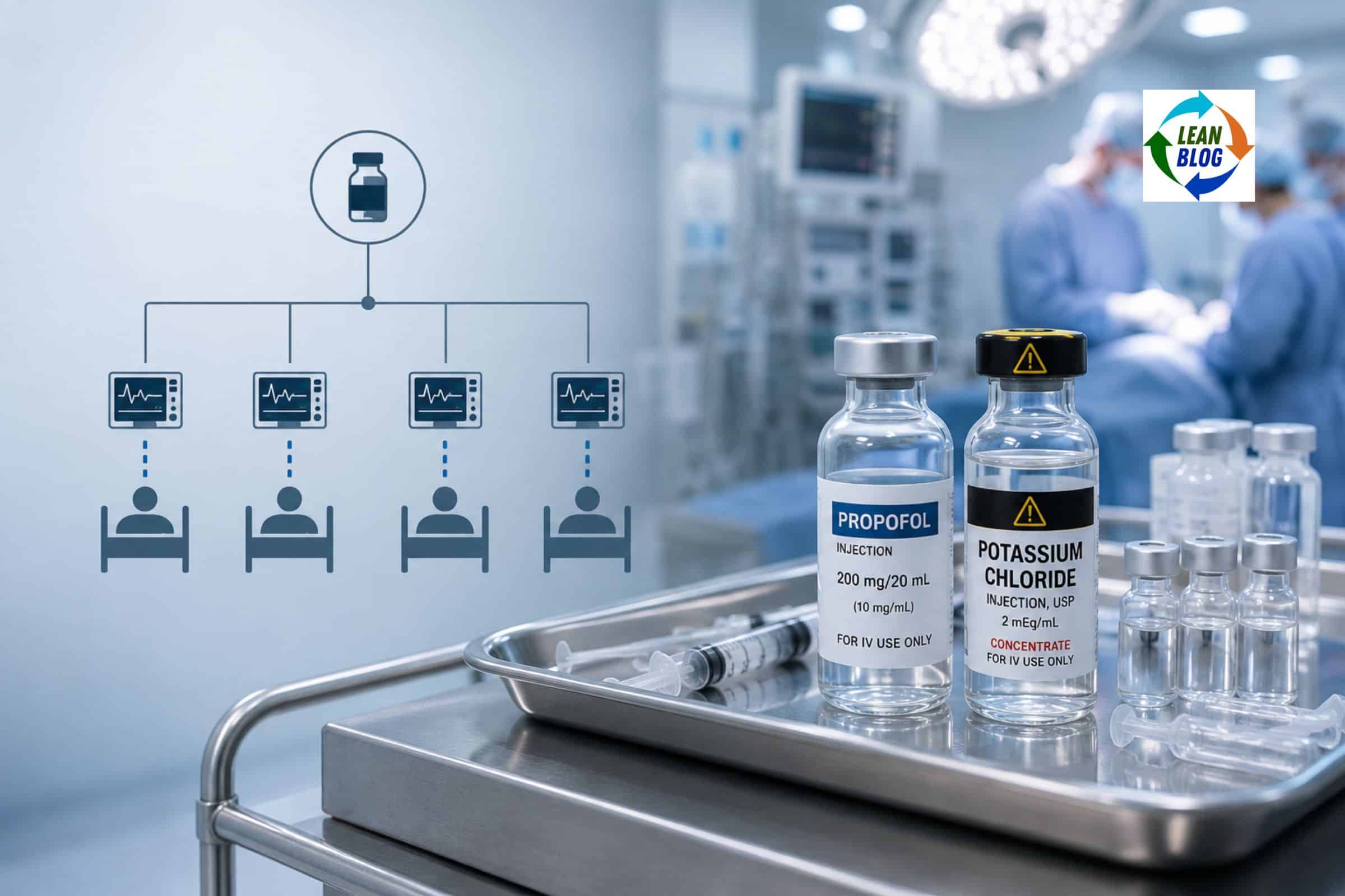 Conceptual hospital scene showing one medication source connected to four patient beds, with two similar clear vials on an operating-room tray—one marked as intended medication and one with a warning symbol.