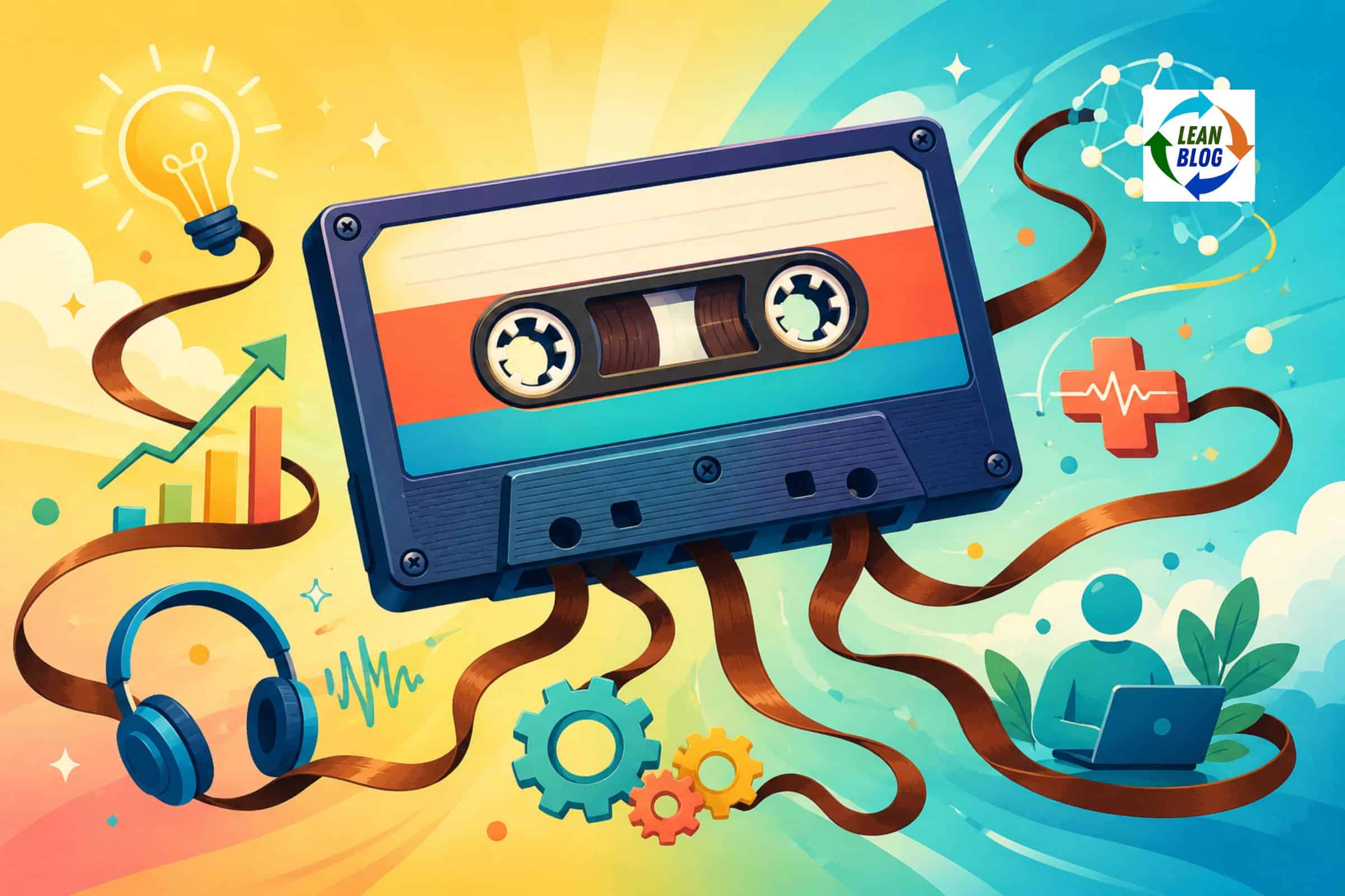 Bright cartoon illustration of a retro cassette tape with flowing ribbon connecting symbols of ideas, improvement, healthcare, technology, and work.