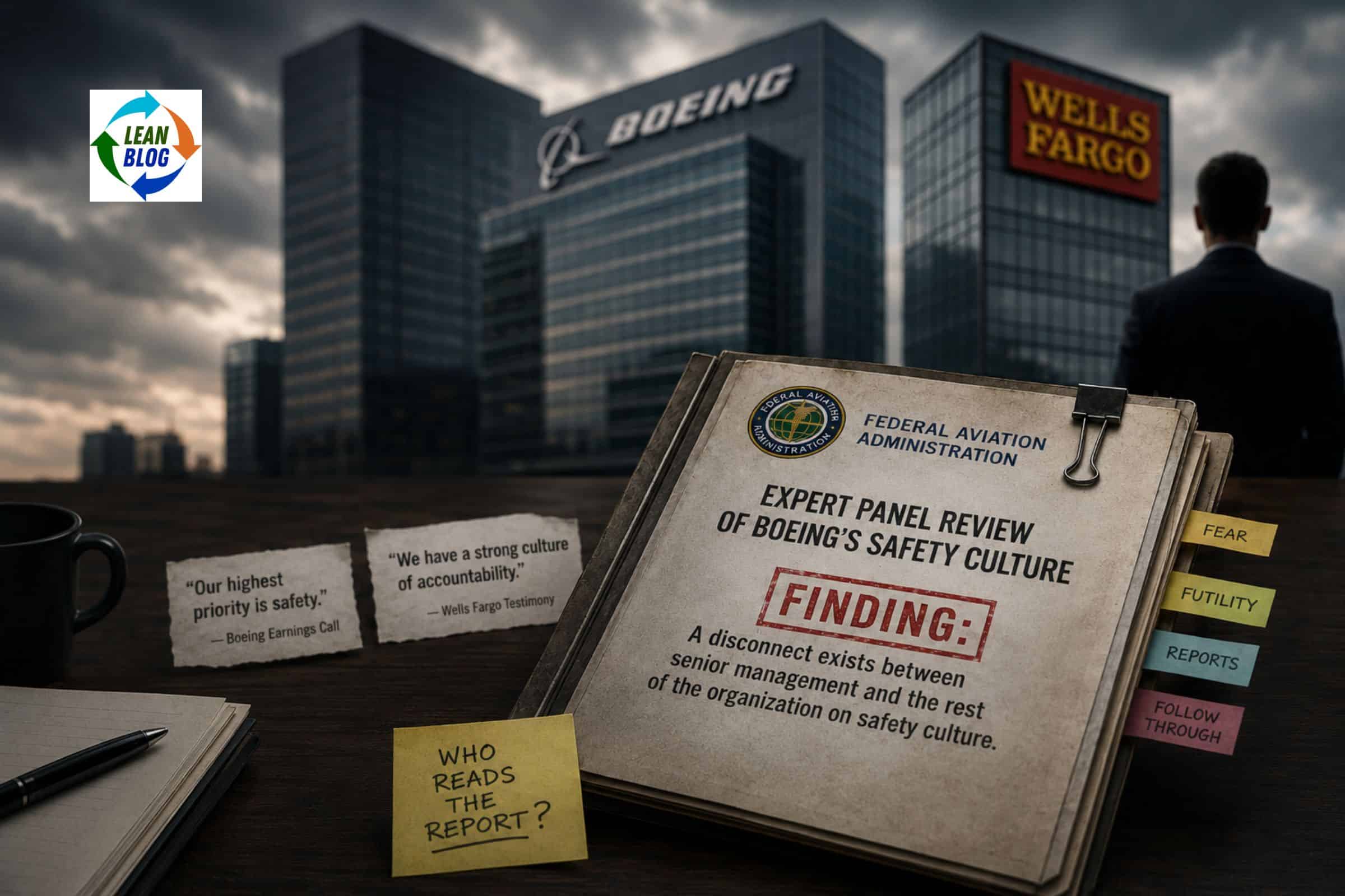Editorial illustration showing Boeing and Wells Fargo office buildings behind an FAA safety-culture report, with tabs labeled fear, futility, reports, and follow-through, and a sticky note asking, “Who reads the report?”