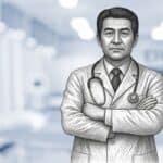 Illustration of a doctor in a white coat and stethoscope with arms crossed, set against a blurred hospital background
