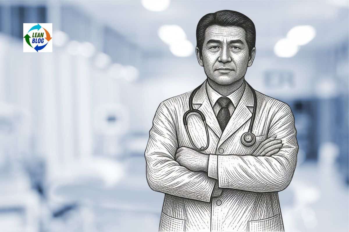 Illustration of a doctor in a white coat and stethoscope with arms crossed, set against a blurred hospital background