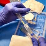 Hands in blue medical gloves preparing a syringe over a sterile plastic tray with needles and medical supplies
