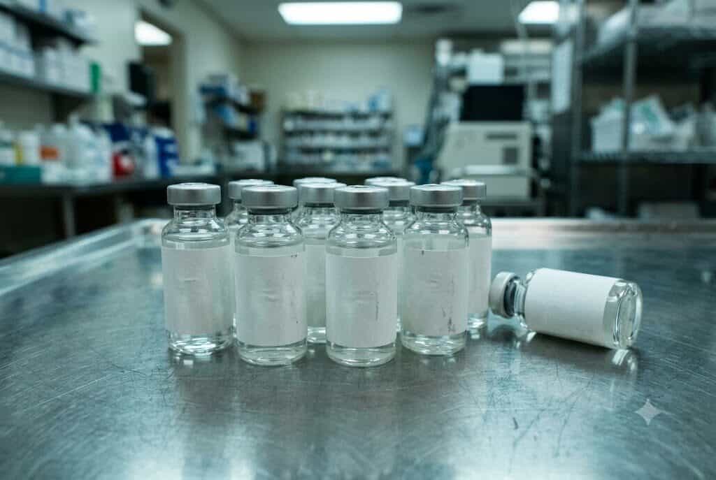 Eight identical glass medication vials standing together on a hospital counter, with one vial lying on its side beside them.