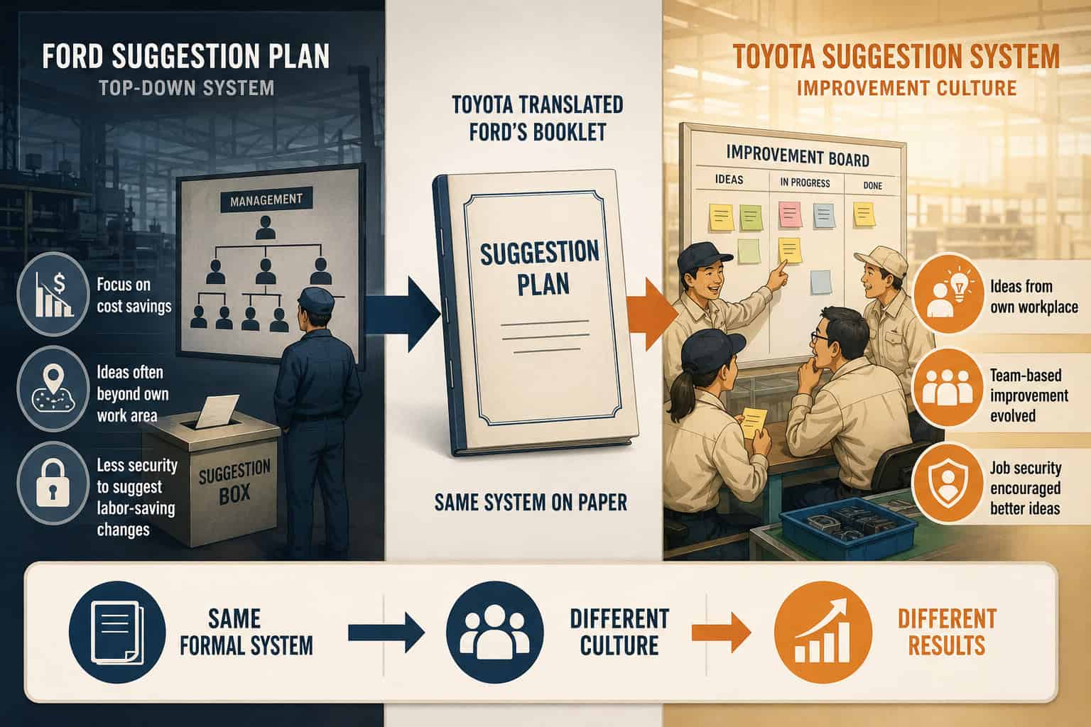 Infographic comparing Ford's top-down, cost-focused suggestion plan with Toyota's team-based improvement system, showing how the same formal system produced different results because of culture and job security.