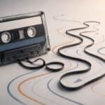 Cassette tape with unspooled magnetic tape forming a winding path on a surface with printed directional arrows