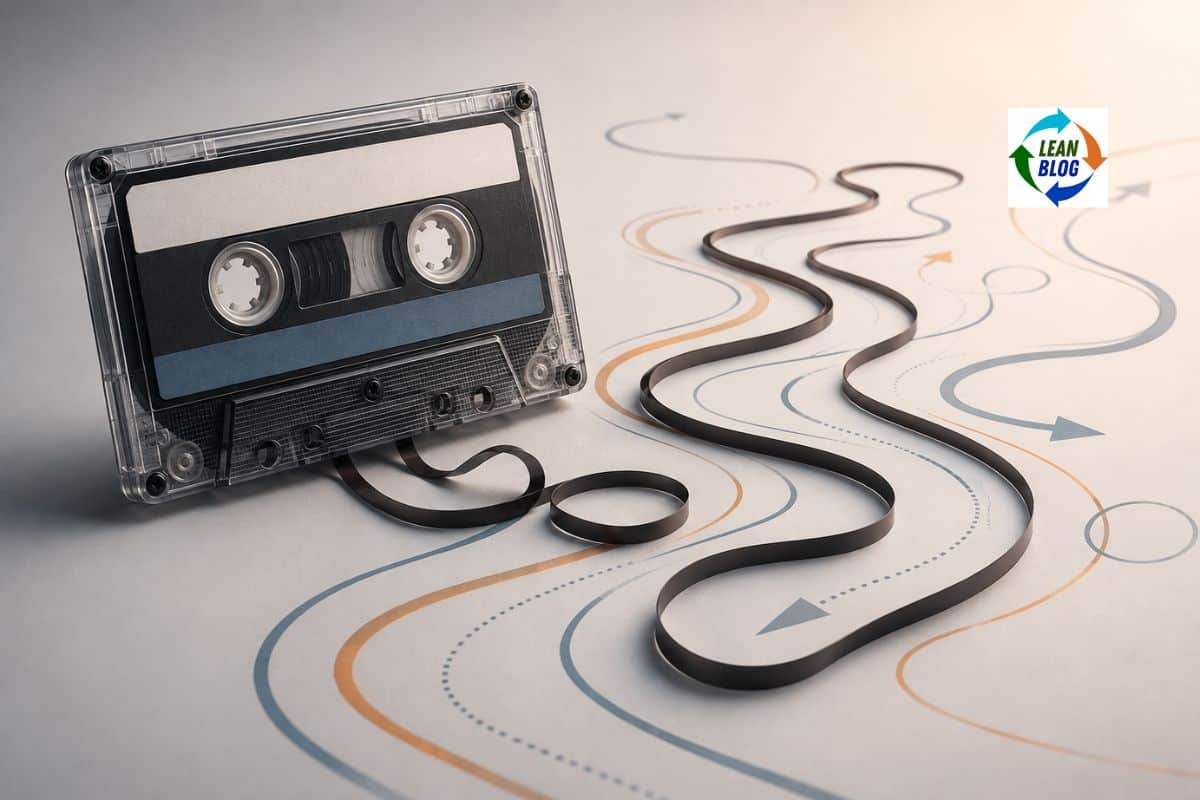 Cassette tape with unspooled magnetic tape forming a winding path on a surface with printed directional arrows
